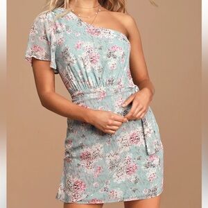 Lulus Way to Wow Dusty Blue Floral Print One Shoulder Faux-Wrap Dress Size S NEW